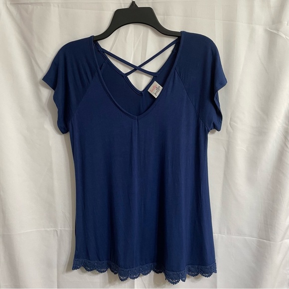 Elle Blue Small Lace Hem Short Sleeve Top Crisscross Festival Summer Backless - Picture 1 of 6